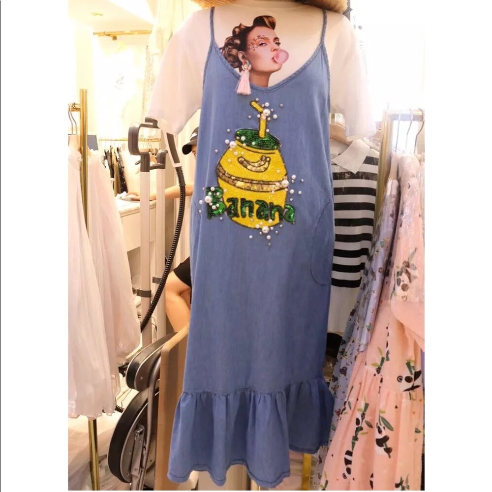 banana milk sequin stud jeans dress